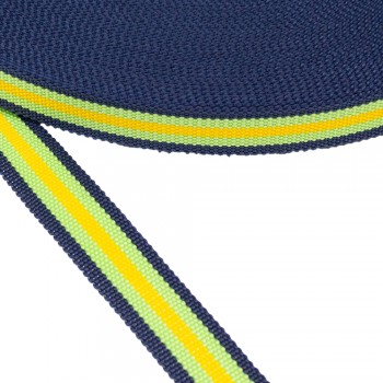 Synthetic belt, webbing tape, in 30mm width,Blue Color with Green Yellow Stripes