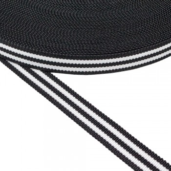 Synthetic belt, webbing tape,in 30mm width, Black Color with double White Stripe