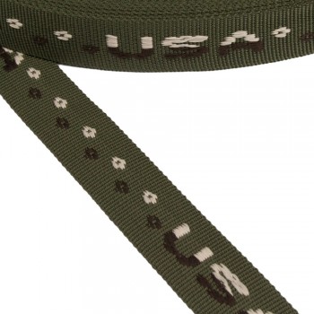 Jacquard narrow fabric, webbing tape with letters in 30mm width and Khaki Color