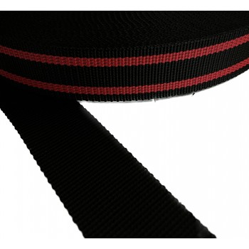 Synthetic polypropylene webbing tape in 50mm width and Black Color with Red Stripe