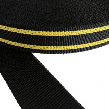 Synthetic polypropylene webbing tape in 50mm width and Black Color with Yellow Stripe