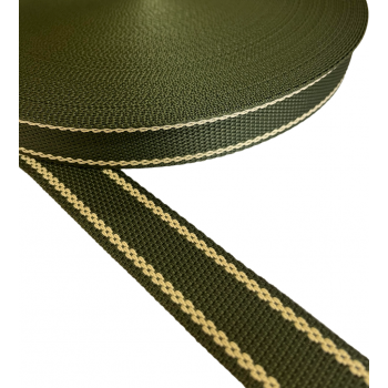 Synthetic narrow fabric, webbing tape, trimming in 30mm width and Khaki Color With Beige Stripes