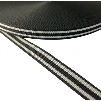 Synthetic narrow fabric, webbing tape, trimming in 20mm width and black color with white stripe