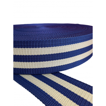 Synthetic narrow fabric, webbing tape in 70mm width and Blue Color with white stripe