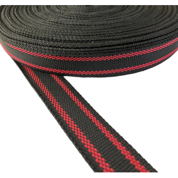 Trimming, webbing tape synthetic 22 mm width in Black color with Red stripe