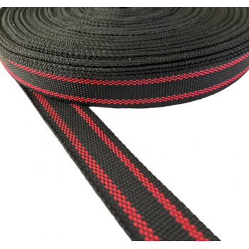 Trimming, webbing tape Synthetic Soft Black with Red Stripe 22 mm Thickness 0.7 mm