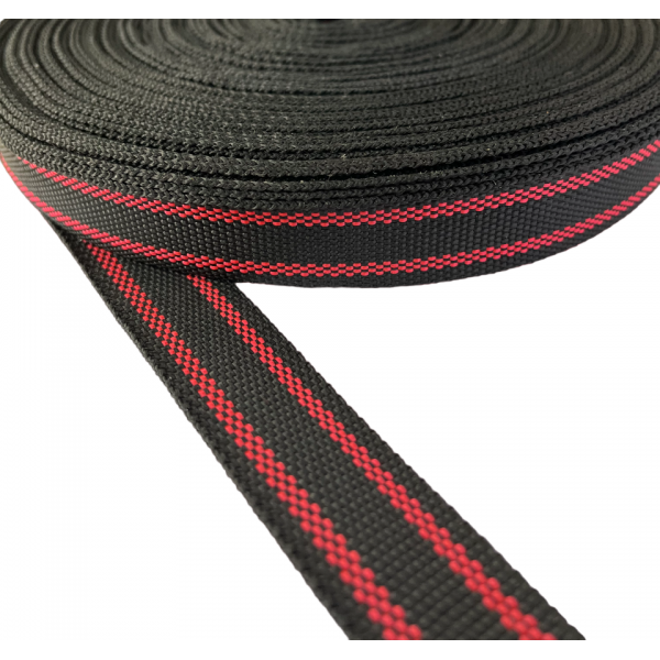 Trimming, webbing tape synthetic 22 mm width in Black color with Red stripe