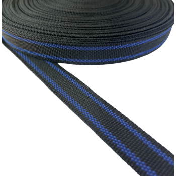 Trimming, webbing tape synthetic 22mm width in black color with blue stripes