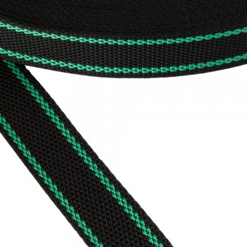 Synthetic  webbing tape, trimming 30mm width and Black Color with Green Stripes