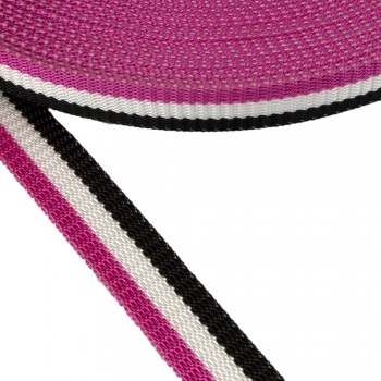 Synthetic  narrow fabric, webbing tape in 30mm width Black - White - Magenta