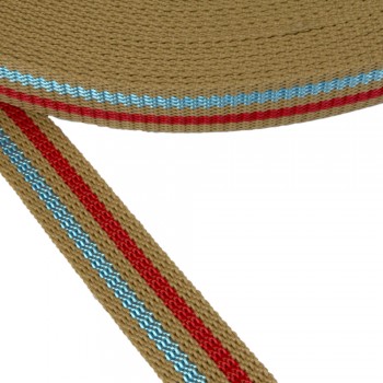 Synthetic, narrow fabric, webbing tape 30mm width with Red Light Blue Stripes