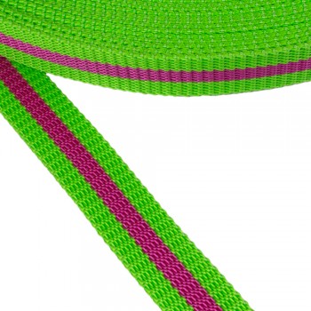 Synthetic  narrow fabric, webbing tape in 30mm width Green Color Magenta Stripe