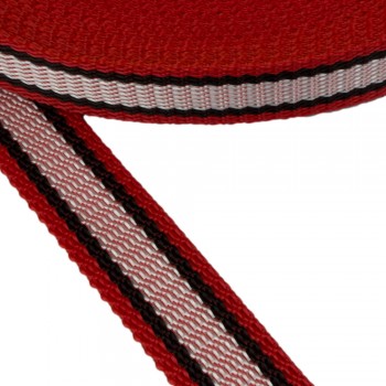 Synthetic  webbing tape in 30mm width and Red Color with White Black Stripes