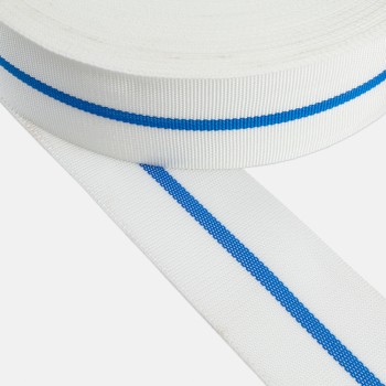 Trimming, webbing tape synthetic 50mm width in white color with blue stripe