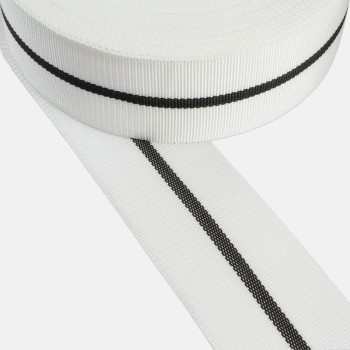 Trimming, webbing tape synthetic 50mm width in white color with black stripe