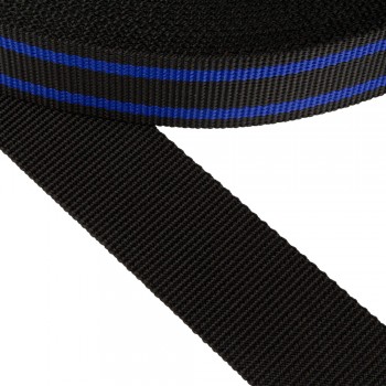 Synthetic polypropylene webbing tape in 50mm width and Black Color with Blue Stripe