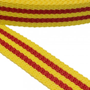 Synthetic belt, webbing tape, in 30mm width and Yellow Color with Red Stripe