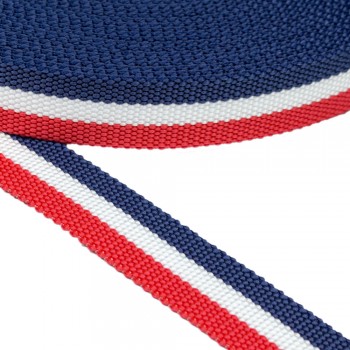  Synthetic belt, webbing tape, in 30mm width and Red Blue White Stripes