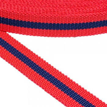 Synthetic belt, webbing tape , in 30mm width and Red Color with Blue Stripe