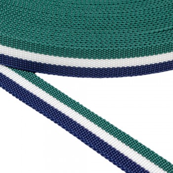 Synthetic belt, webbing tape , in 30mm width and Blue White Green Stripes